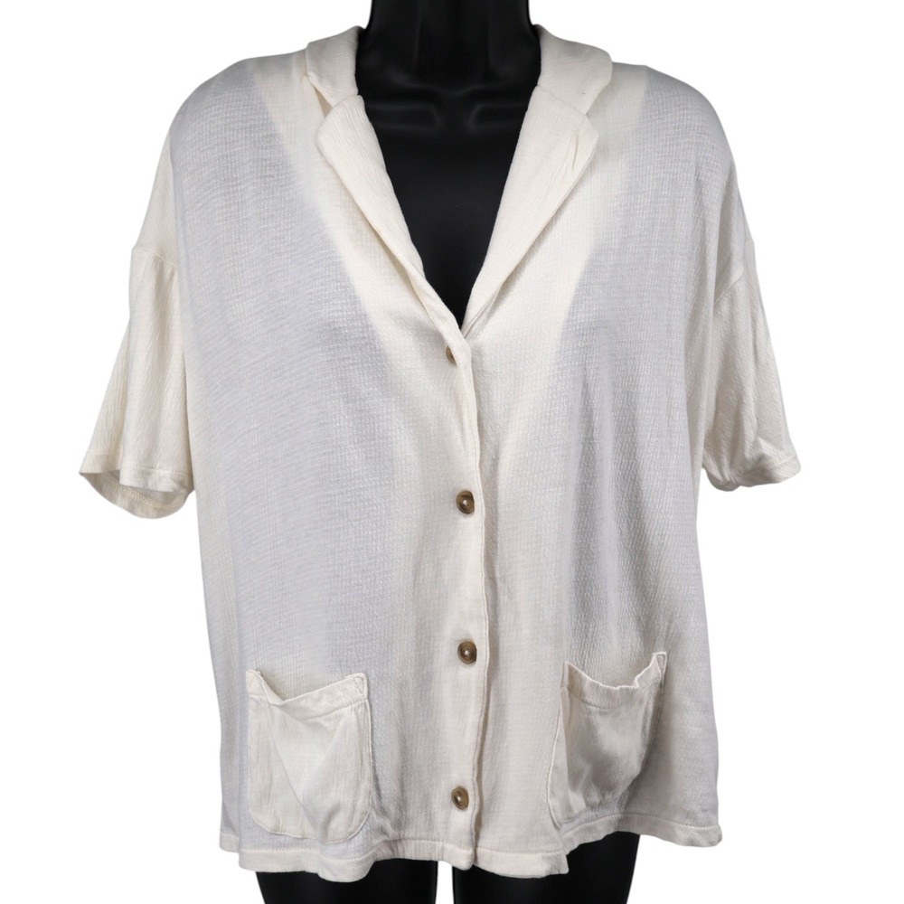Madewell Waffle Knit Thermal Cardigan Cream Short Sleeve Patch‎ Pockets S EUC